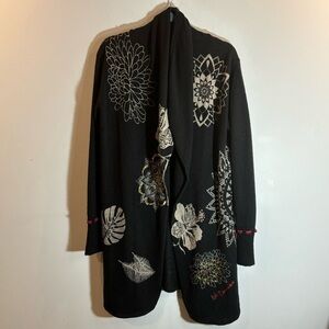 DESIGUAL Sz L Hibiscus Floral Sequin Sparkle Cascade Open Front Cardigan